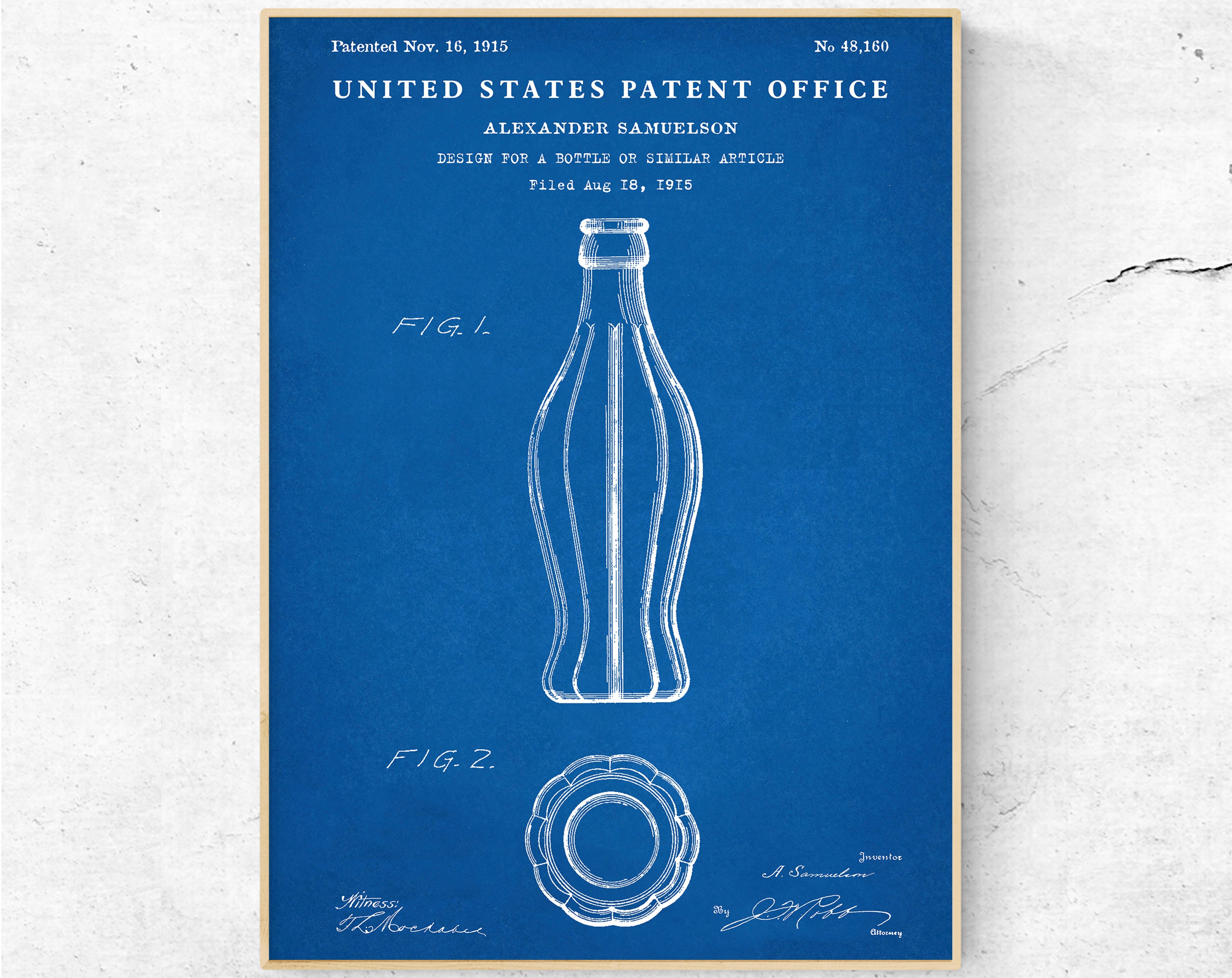 ヴィンテージ コカ・コーラ ボトルデザイン 1915年 特許印刷。コカ