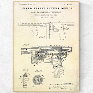 May include: A black and white line drawing of a patent for a breech mechanism for guns. The patent is dated August 15, 1922, and the patent number is 1,425,808. The patent is for John Taliaferro Thompson.