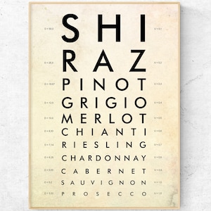 Shiraz Wine Eye Chart Art Print. Funny Wine Types Sign. Vintage Kitchen Decor, Bar Wall Art. Wine Sign Poster, Ready to Hang Canvas