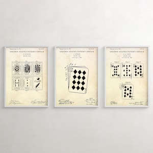 Arte mural patentado de naipes. Noche de juegos, cueva del hombre, decoración vintage de juegos de azar. Regalo para jugadores, inventos de juegos de cartas. Juego de 3 láminas.
