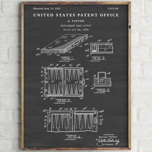May include: Black and white patent drawing of a backgammon game outfit. The drawing shows the game board in different configurations. The patent number is 2,012,140 and the inventor is Arthur Popper.