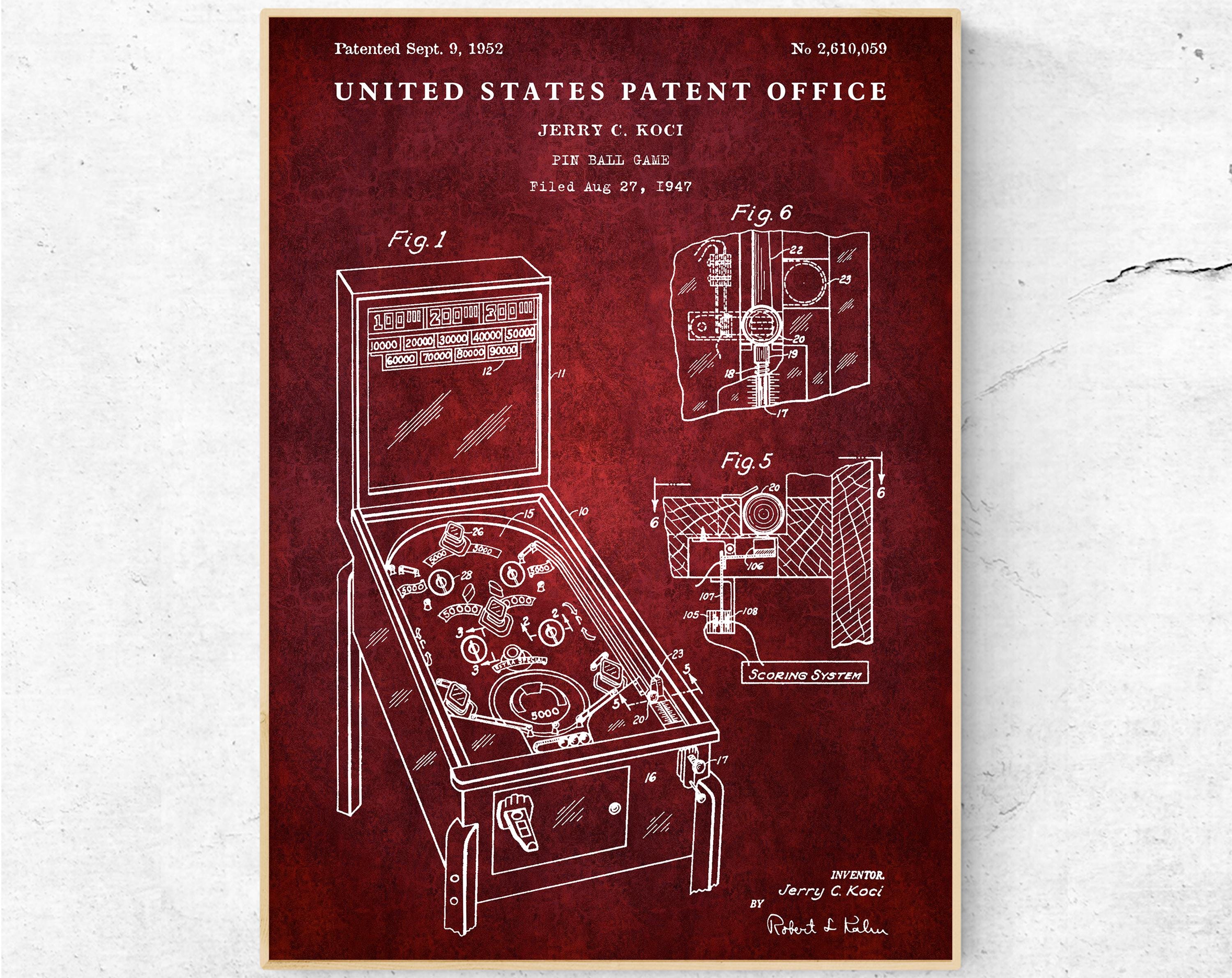 Arcade Inventors Pinball Game 1952 Patent Art Print, Arcade Games Inventions Blueprint ...