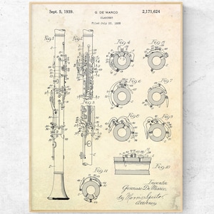 Clarinet Patent Poster. Wind Instruments Wall Art. Vintage Inventions Blueprint. Musician Gift Idea. Music Room Decor