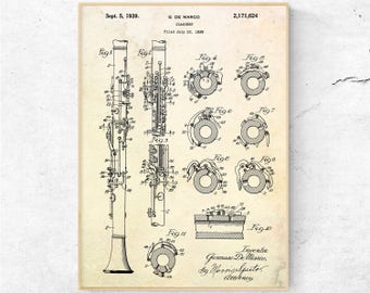 Clarinet Patent Poster. Wind Instruments Wall Art. Vintage Inventions Blueprint. Musician Gift Idea. Music Room Decor