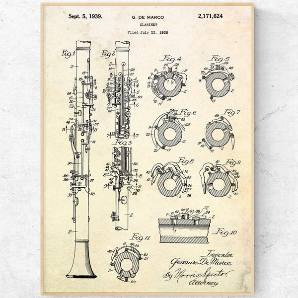 Clarinet Patent Poster. Wind Instruments Wall Art. Vintage Inventions Blueprint. Musician Gift Idea. Music Room Decor