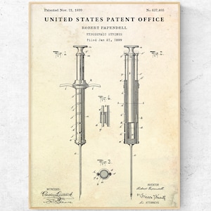 May include: A black and white illustration of a patent for a hypodermic syringe. The patent is titled "Hypodermic Syringe" and was filed on January 21, 1899, by Robert Papendell. The patent number is 637,405.