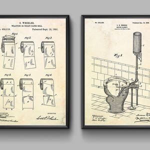 Decorazione per il bagno: brevetto per il bagno, cartello per il WC del gabinetto. Poster con progetto di carta igienica. Arte murale vintage per il bagno, set di 2 stampe