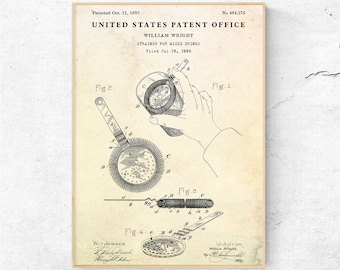 1892 Cocktail Strainer Patent Print, Vintage Bar Decor