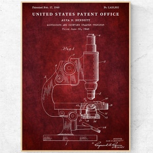 May include: A framed patent illustration of a microscope and counting chamber, dated February 17, 1948. The diagram is in white against a deep red background, with detailed labels and the inventor's name, Alva H. Bennett.
