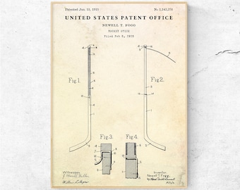 Impresión de patente de palo de hockey de 1915. Póster/plano de invento de deportes de invierno para pared. Regalo para jugador de hockey sobre hielo. Lienzo listo para colgar.