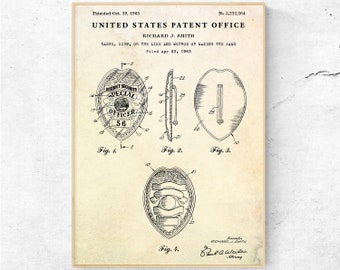 Impresión de patente de placa de policía de 1965. Póster de invento policial. Regalo para policía. Arte mural de policía. Lienzo listo para colgar.