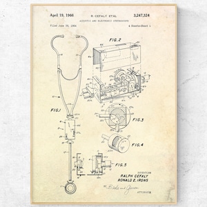 Acoustic Stethoscope Patent print. Electronic Stethoscope patent poster. Medical Wall Art Medical Instrument Blueprint Medicine Patent Print