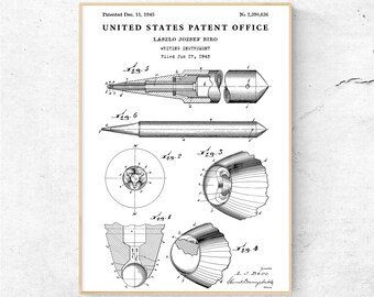 Ballpoint Pen 1945 Patent Office Wall Art Vintage Gift  Biro Invention Blueprint Ready to Hang Canvas
