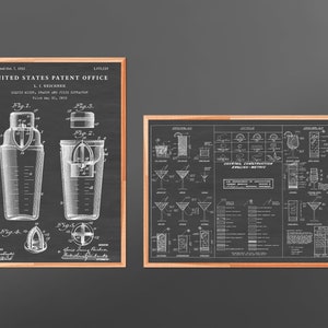 Cocktail Chart & Shaker Patent Wandkunst. Mixgetränke Blueprint Poster, Barkeeper Geschenk für Ihn, Bar, Pub, Man Cave Decor. Set aus 2 Drucken