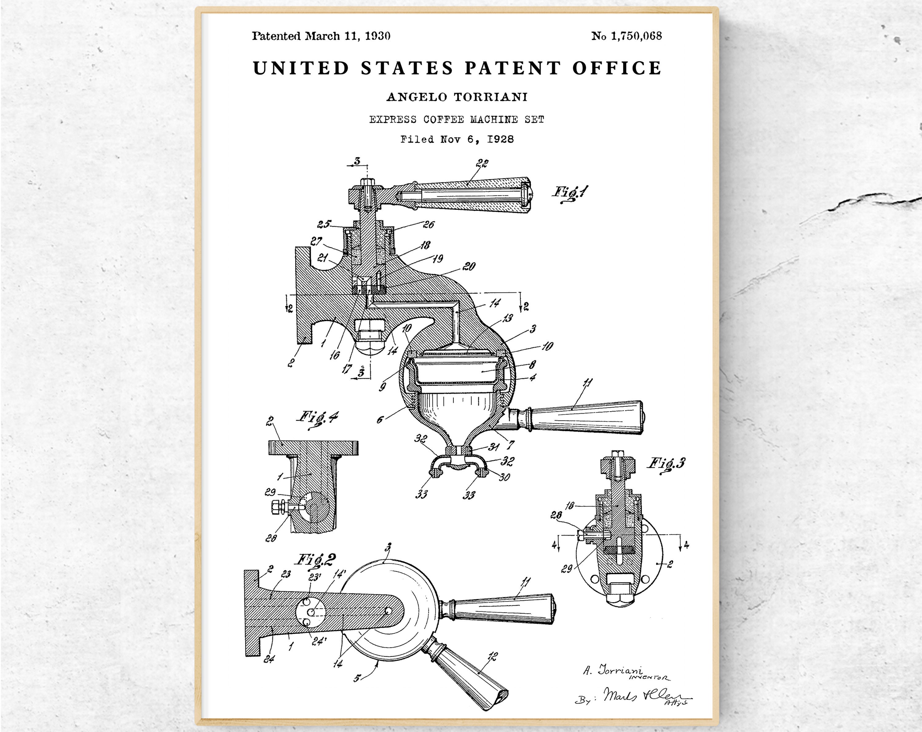 エスプレッソコーヒーマシン 1930年特許図面。発明設計図ポスター