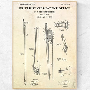 Violin Bow 1915 Patent Print. Musical Instrument Invention Blueprint Poster. Music Room Wall Art Decor. Violinist Fiddler Gift