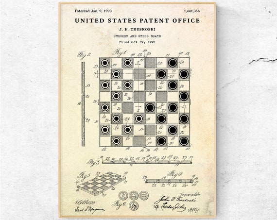 1923 Checker Board Patent Print - Chess board Poster - Checkers Game Drawing  - Game Room Decor - Parlor Game - Checker board Drawing