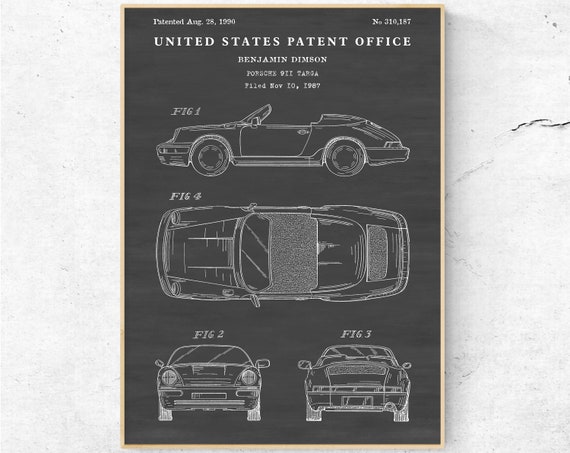 ポルシェ911のデザイン特許プリント。スポーツカーの設計図ポスター