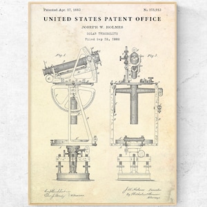 Può includere: Una stampa di brevetto d'epoca di un teodolite solare, datata 17 aprile 1883. La stampa presenta disegni tecnici dettagliati dello strumento di rilevamento, inclusi i suoi vari componenti e meccanismi. La stampa è su carta invecchiata.