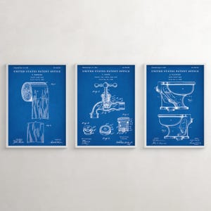 Vintage Toilet Patent Art Prints, Bathroom Restroom Decor, Set of 3 Blueprint