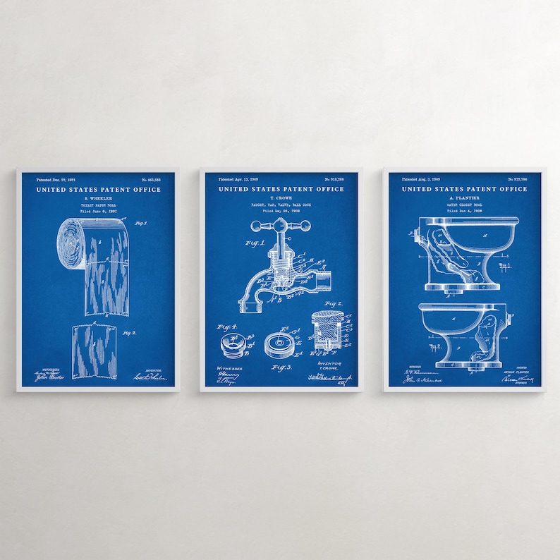 Vintage Toilet Patent Art Prints, Bathroom Restroom Decor, Set of 3 Blueprint