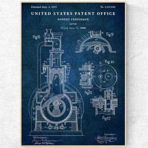 May include: A vintage blueprint style illustration of a patent for a motor. The patent is for Robert Creuzbaur and was filed on July 7, 1888. The patent number is 1,037,842. The patent was granted on September 3, 1912. The illustration shows a detailed diagram of the motor.