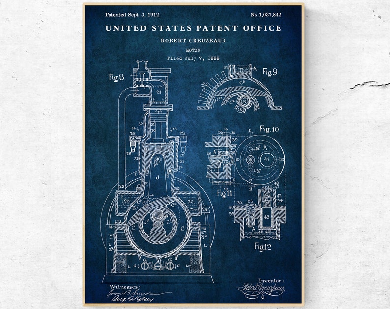 May include: A vintage blueprint style illustration of a patent for a motor. The patent is for Robert Creuzbaur and was filed on July 7, 1888. The patent number is 1,037,842. The patent was granted on September 3, 1912. The illustration shows a detailed diagram of the motor.