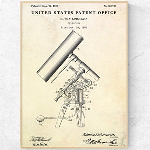Telescope 1906 Patent Print. Astronomy Wall Art, Stargazing Vintage Decor, Space Exploration Invention Blueprint Poster. Astronomer Gift