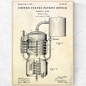 Whiskey Still 1909 Patent Print. Blueprint Poster. Whisky Bar Decor, Prohibition Moonshine Wall Art, Ready to Hang Canvas