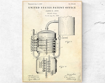 Whiskey Still 1909 Patent Print. Blueprint Poster. Whisky Bar Decor, Prohibition Moonshine Wall Art, Ready to Hang Canvas