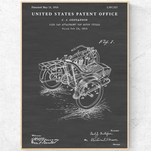 May include: A black and white line drawing of a sidecar attachment for a motorcycle. The drawing is on a black background and includes the text "United States Patent Office", "C.J. Gustafson", "Side Car Attachment for Motor Cycles", "Filed Feb 13, 1913", "Patented May 21, 1918", "1,267,212", and "Fig. 1."
