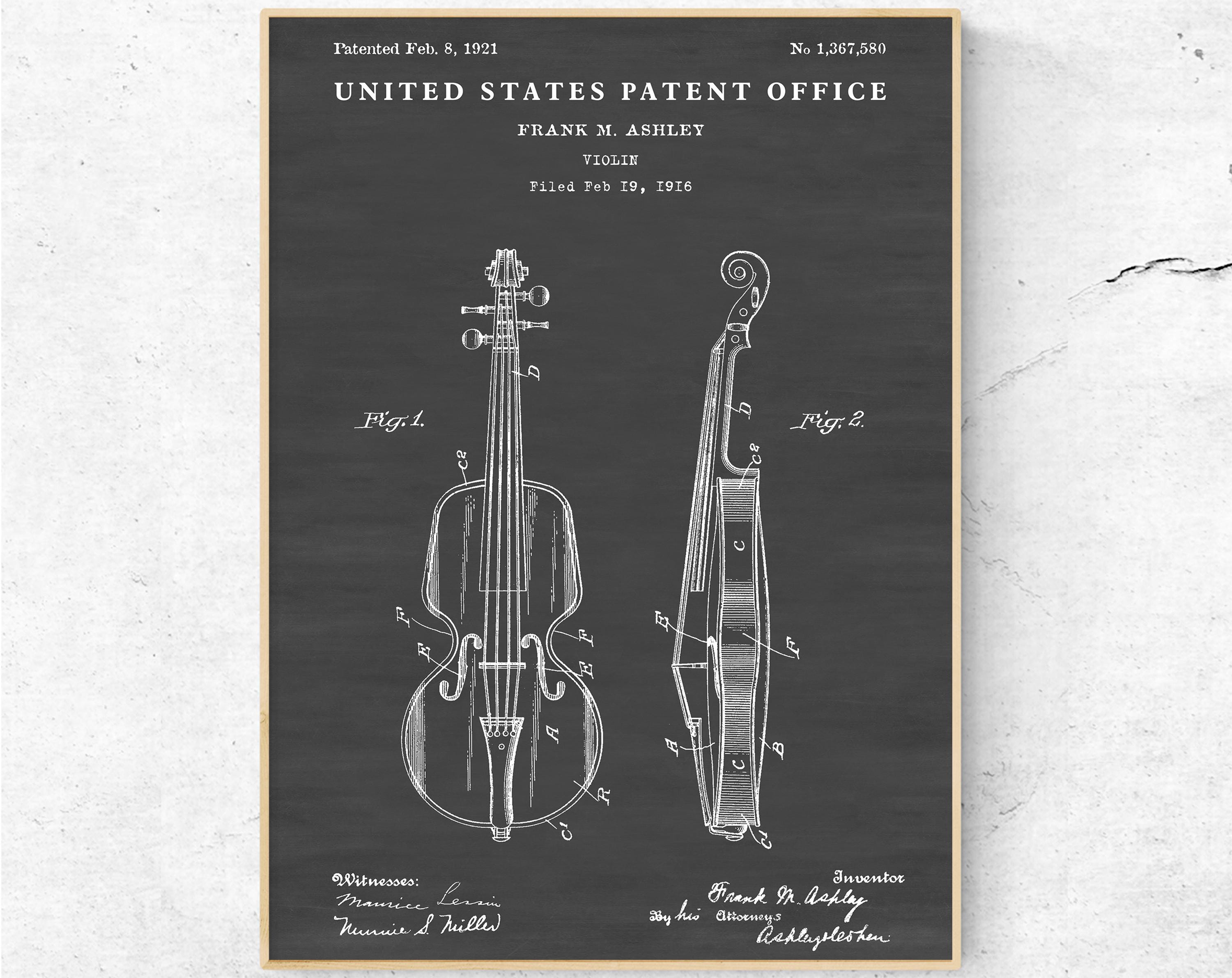 1921年バイオリン特許印刷物。ヴィンテージ弦楽器の設計図ポスター