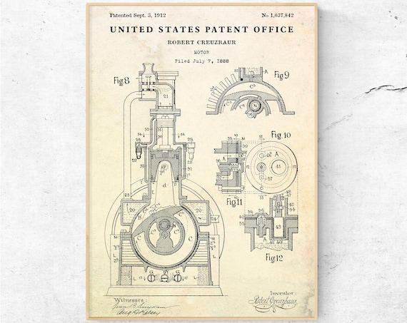 Motor Patent Print, 1912 Engine Blueprint, Mechanical Engineering Art