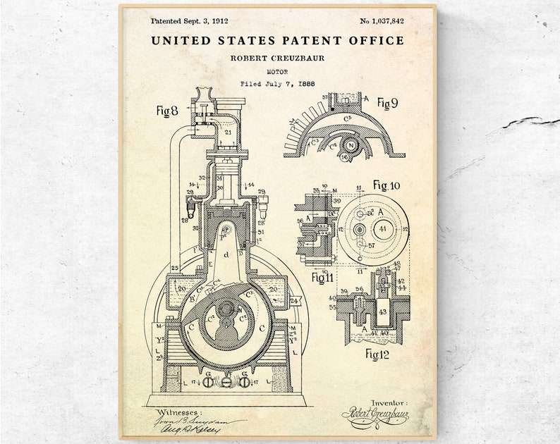 May include: A black and white illustration of a patent for a motor, filed on July 7, 1888, by Robert Creuzbaur. The patent number is 1,037,842 and was patented on September 3, 1912. The illustration shows a detailed diagram of the motor with various parts labeled.