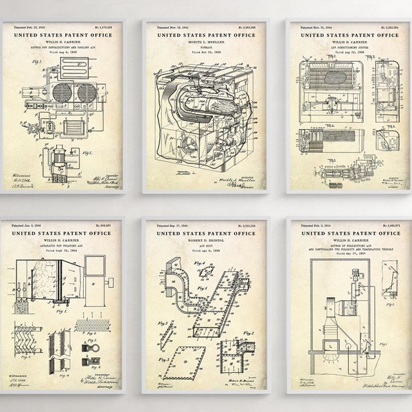 Air Conditioning Patent Wandkunst. Belüftungs-, Heizungs-Erfindungen Blueprint-Poster, HLK-Tech-Geschenk, Industriedekor, 6er-Set Poster
