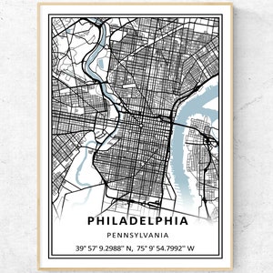 Impression de carte de la ville de Philadelphie en Pennsylvanie, carte moderne art mural minimaliste, cadeau de voyage en Pennsylvanie Poster