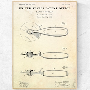 Pizza Cutter Patent Print. Cafe Bistro Pizza Shop Wall Art. Inventions Blueprint Poster. Kitchen Vintage Decor. Pizza Lover Gift