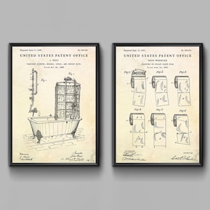 Decorazione da parete vintage per il bagno: doccia, brevetto di carta igienica, poster di progetti di vasche da bagno. Set di 2 stampe di brevetti