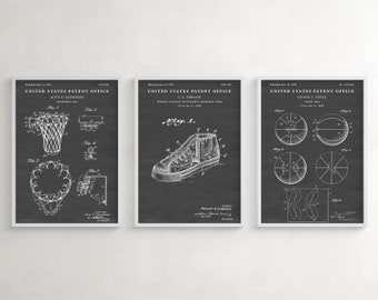 Set van 3 basketbalpatentafdrukken, vintage gymdecoratie, cadeau voor spelers