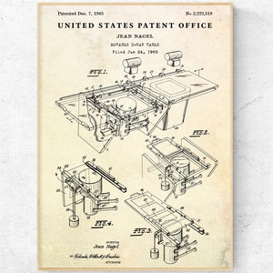 May include: A black and white line drawing of a patent for a movable X-ray table. The drawing shows the table in different positions. The patent number is 3,222,518 and was filed on 24 June 1963. The patent was granted to Jean Nagel.
