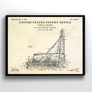 Oil Well Drilling Machine 1898 Patent Art Print. Blueprint Poster. Petroleum Engineer Gift. Vintage Wall Decor. Ready to Hang Canvas