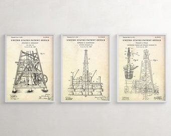 Oil Derrick Patent Art Prints, Petroleum Decor Set of 3
