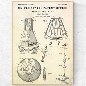 Space Capsule 1963 Patent Print. Spaceship Inventions Blueprint Poster, Astronaut Gift, Spacecraft Vintage Wall Art
