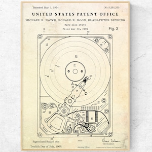 Hard Disk Drive Patent Print. Computer Inventions Wall Art Decor. HDD Blueprint Poster. Geek Gift