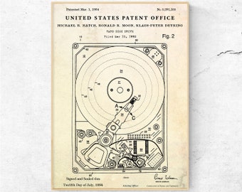 Hard Disk Drive Patent Print. Computer Inventions Wall Art Decor. HDD Blueprint Poster. Geek Gift