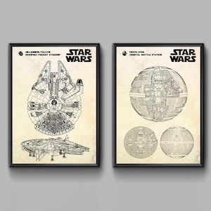 Arte mural esquemático de la Estrella de la Muerte y el Halcón Milenario, decoración de Star Wars, regalo geek, póster con diagrama de película de ciencia ficción. Juego de 2 láminas.