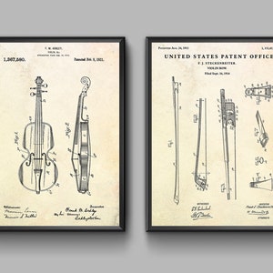 Violin & Bow Patent Drawing Posters, Fiddle Inventions Blueprint Wall Art. String Instrument Music Vintage Decor, Set of 2 Prints