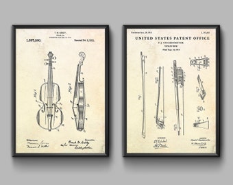 Violin & Bow Patent Drawing Posters, Fiddle Inventions Blueprint Wall Art. String Instrument Music Vintage Decor, Set of 2 Prints