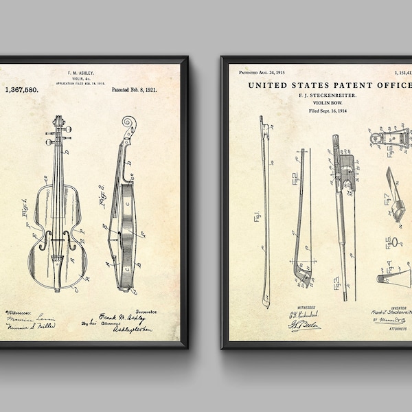 Geige & Bogen Patent Zeichnung Poster, Geige Erfindungen Blueprint Wandkunst. Saiteninstrument Musik Vintage Dekor, 2er Set Drucke