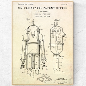 Diving Suit 1935 Patent Print, Nautical Blueprint Poster, Maritime Wall Art for Ocean Lovers, Steampunk Vintage Decor, Scuba Diver Gift